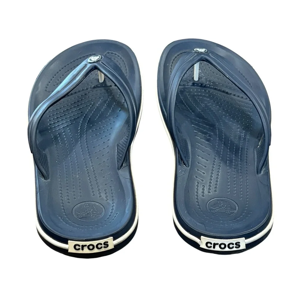 Crocs Crocband Flip Flops Mens 9 Womens 11 Navy Blue‎ White Sporty Sandals